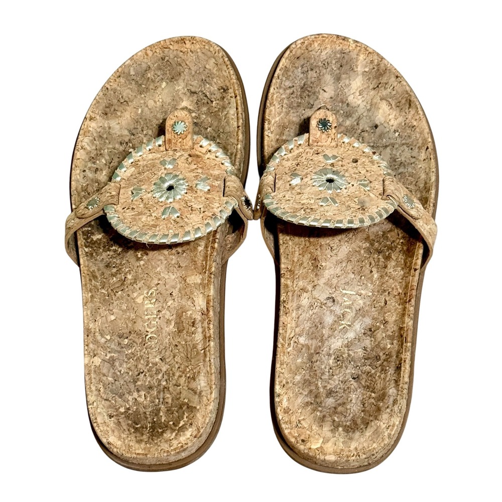 Jack Rogers Jacks Flat Sandals Natural Cork‎ Gold Whipstitch Thong Womens 9M